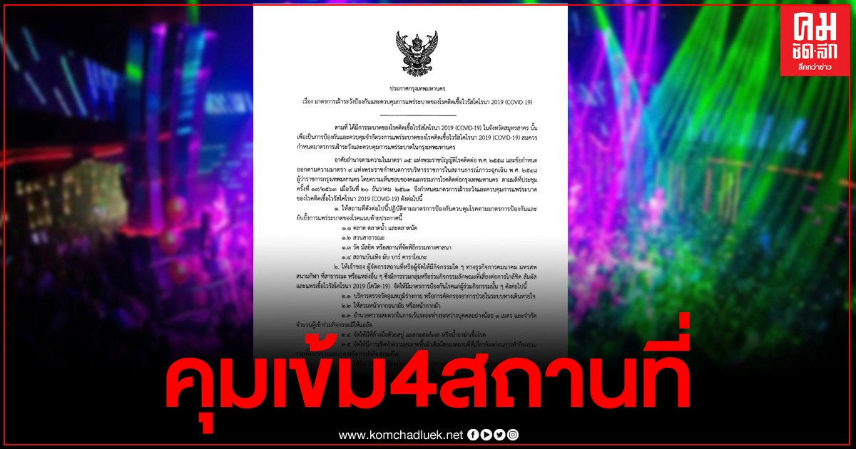 ผู้ว่าฯกทม. ประกาศคุมเข้ม 4สถานที่ เฝ้าระวังโควิด หากฝ่าฝืนจะถูกสั่งปิด ผู้ว่าฯกทม. ประกาศคุมเข้ม 4สถานที่ เฝ้าระวังโควิด หากฝ่าฝืนจะถูกสั่งปิด