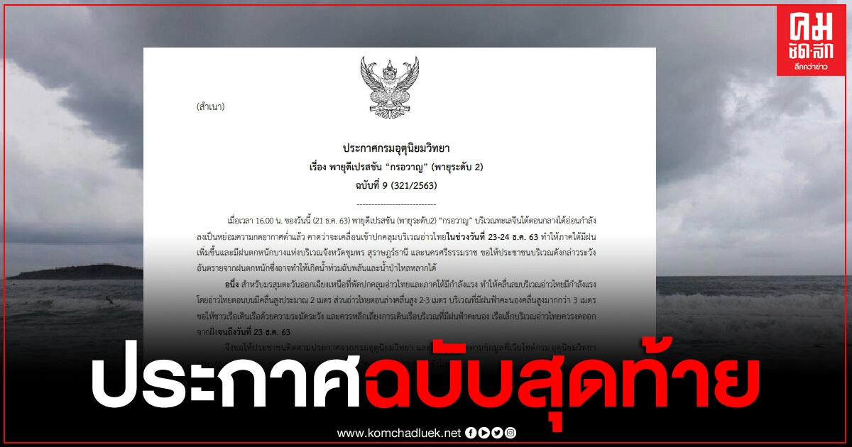 ประกาศฉบับสุดท้าย "พายุดีกรอวาญ" ทำให้ภาคใต้มีฝน ชุมพร สุราษฎร์ธานี และนครศรีธรรมราชระวังอันตรายจากฝน