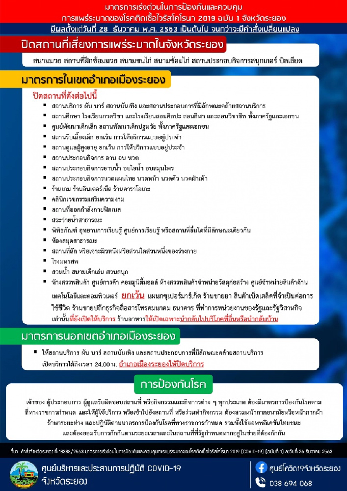 "ระยอง" ประกาศปิดสถานที่เสี่ยง หลังพบผู้ติดเชื้อ 36 ราย มีผลตั้งแต่ 28 ธ.ค.63