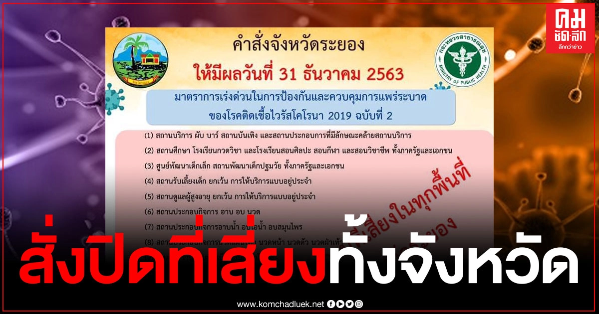ผู้ว่าฯระยองสั่งมาตรการเร่งด่วน "ปิดสถานที่เสี่ยงทั้งจังหวัด" คุมการระบาดเชื้อโควิด ผู้ว่าฯระยองสั่งมาตรการเร่งด่วน "ปิดสถานที่เสี่ยงทั้งจังหวัด" คุมการระบาดเชื้อโควิด