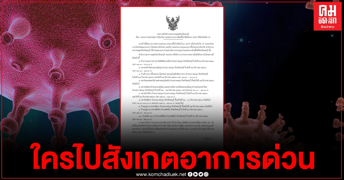 สาธารณสุขชลบุรีประกาศด่วน ใครไป 10 สถานที่เสี่ยงดังกล่าว หากมีอาการขอให้รีบกักตัวทันที สาธารณสุขชลบุรีประกาศด่วน ใครไป 10 สถานที่เสี่ยงดังกล่าว หากมีอาการขอให้รีบกักตัวทันที