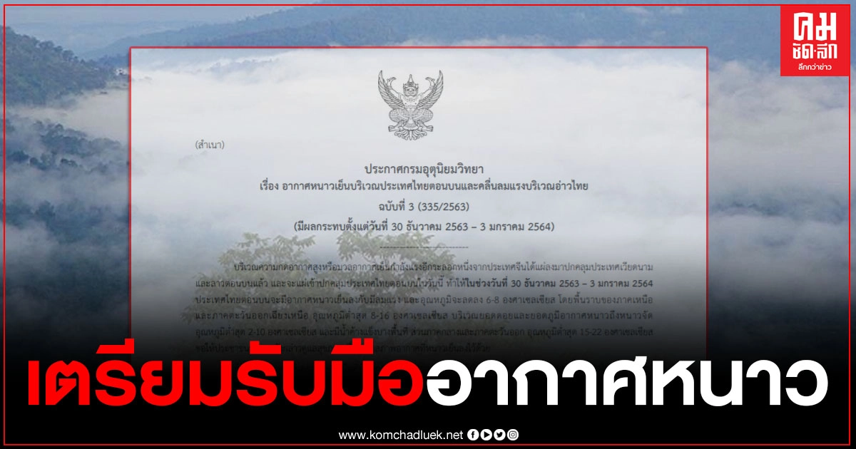 กรมอุตุฯ ประกาศเตือนฉบับที่ 3 ระวัง "อากาศหนาวเย็น" วันที่ 30 ธ.ค.63 - 3 ม.ค.64 ภาคใต้ระวังฝนตกหนัก กรมอุตุฯ ประกาศเตือนฉบับที่ 3 ระวัง "อากาศหนาวเย็น" วันที่ 30 ธ.ค.63 - 3 ม.ค.64 ภาคใต้ระวังฝนตกหนัก