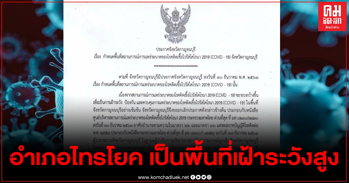 กาญจนบุรีประกาศให้อ.ไทรโยค เป็นพื้นที่เฝ้าระวังสูง หลังพบผู้ติดเชื้อโควิด-19 รายแรก กาญจนบุรีประกาศให้อ.ไทรโยค เป็นพื้นที่เฝ้าระวังสูง หลังพบผู้ติดเชื้อโควิด-19 รายแรก