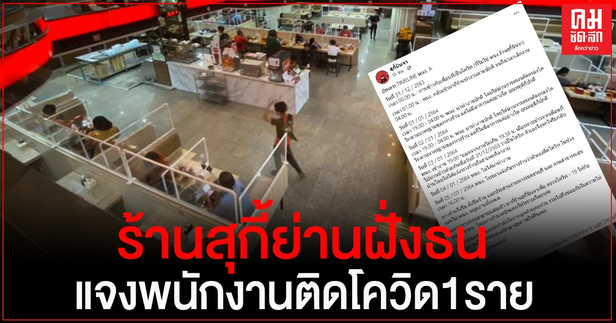 "ร้านสุกี้นินจา" ย่านฝั่งธน โพสต์แจ้งลูกค้า หลังจากตรวจพบว่า พนักงานติดเชื้อโควิด 1 ราย "ร้านสุกี้นินจา" ย่านฝั่งธน โพสต์แจ้งลูกค้า หลังจากตรวจพบว่า พนักงานติดเชื้อโควิด 1 ราย