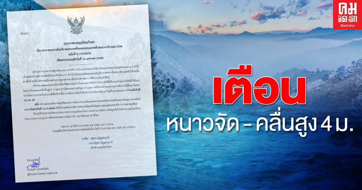 เตือน อุณหภูมิลดลงอีก 4 องศาฯ อากาศหนาวจัด น้ำค้างแข็ง - อ่าวไทยระวังคลื่นสูง 4 ม. เตือน อุณหภูมิลดลงอีก 4 องศาฯ อากาศหนาวจัด น้ำค้างแข็ง - อ่าวไทยระวังคลื่นสูง 4 ม.