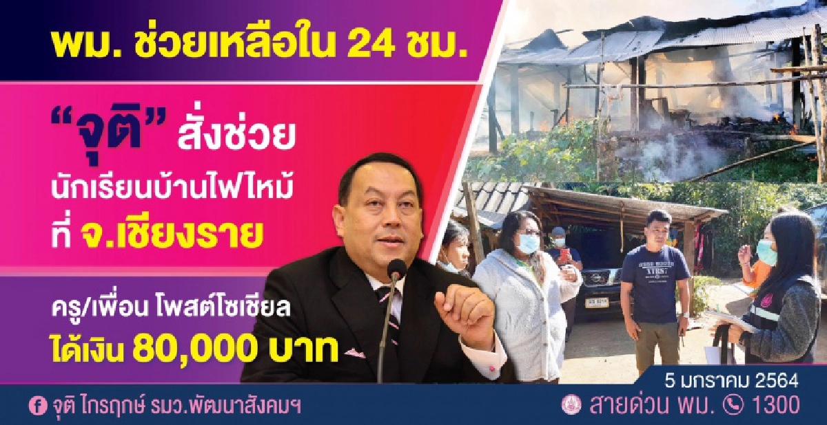 รมว.จุติ สั่งช่วยเด็กบ้านไฟไหม้ จ.เชียงราย ใน 24 ชม. 