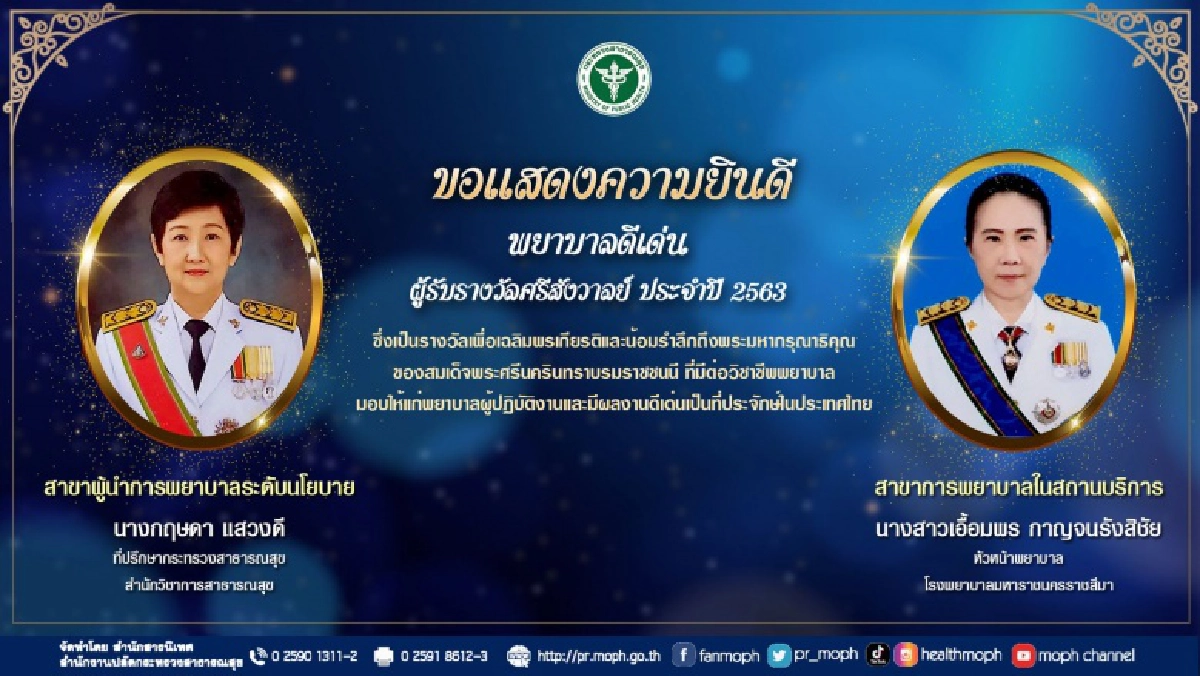 สธ. ประกาศรางวัล"ศรีสังวาลย์"ประจำปี 2563 สำหรับพยาบาลดีเด่นระดับประเทศ