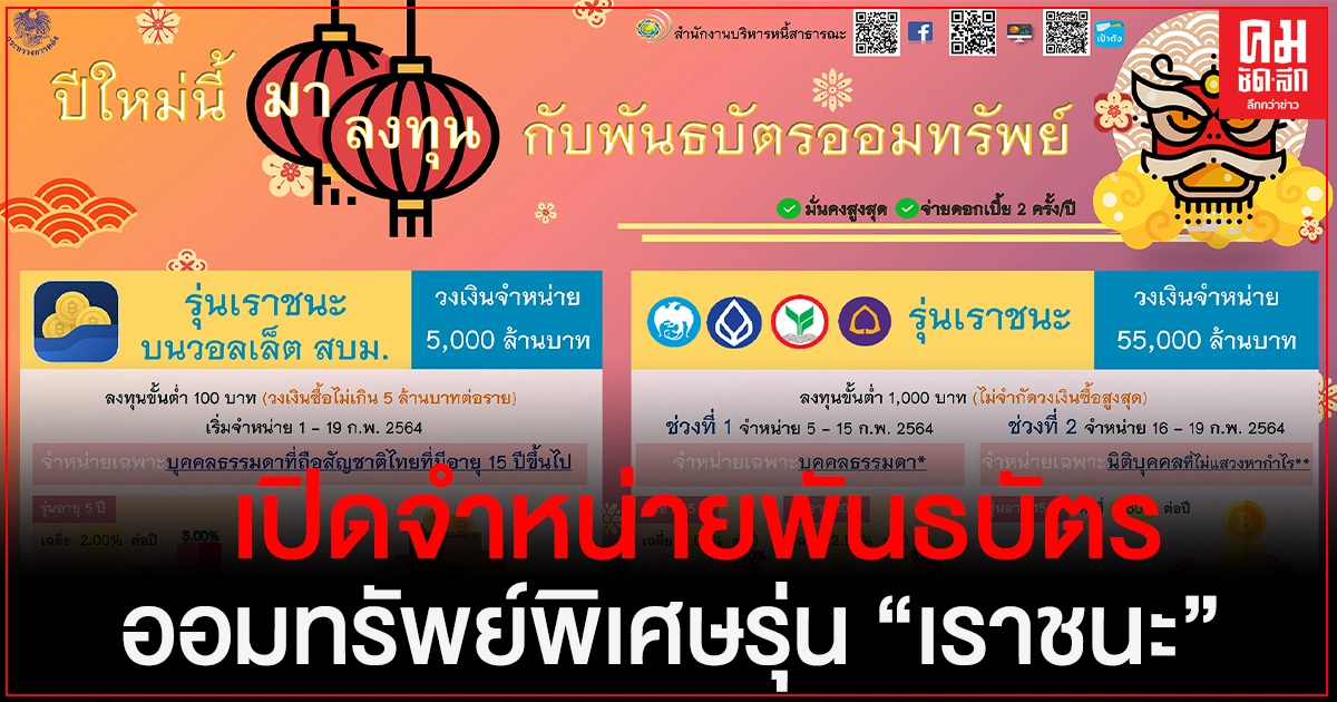 "คลัง"เปิดจำหน่ายพันธบัตรออมทรัพย์พิเศษรุ่น "เราชนะ"ในปีงบประมาณ พ.ศ. 2564