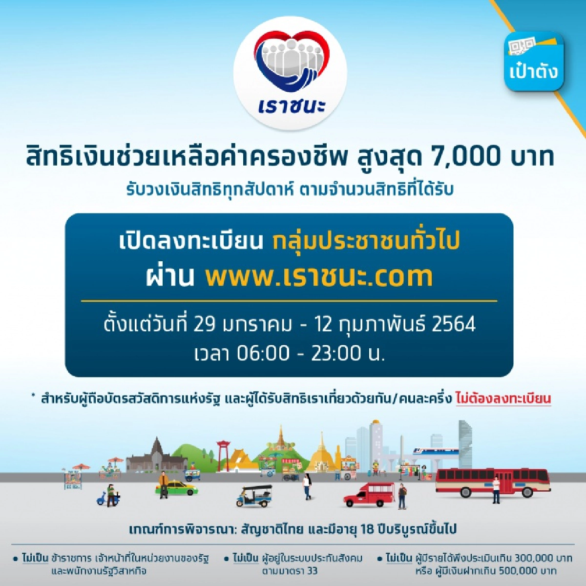 เริ่มแล้ว ลงทะเบียนโครงการ "เราชนะ" รับ 7,000 บาทผ่าน www.เราชนะ.com 