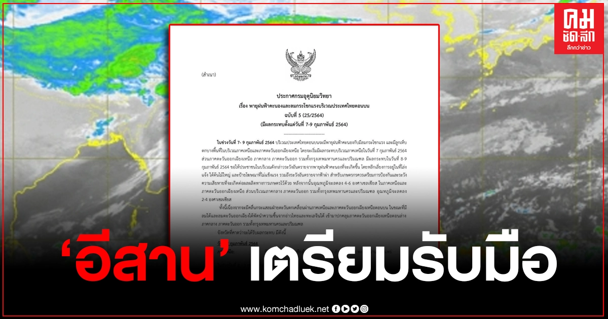 กรมอุตุฯ เตือน 8 - 9 ก.พ. "ภาคอีสาน" มีฝนฟ้าคะนอง-ลมกระโชกแรง จากนั้นอุณหภูมิจะลดลง 4-6 องศา กรมอุตุฯ เตือน 8 - 9 ก.พ. "ภาคอีสาน" มีฝนฟ้าคะนอง-ลมกระโชกแรง จากนั้นอุณหภูมิจะลดลง 4-6 องศา