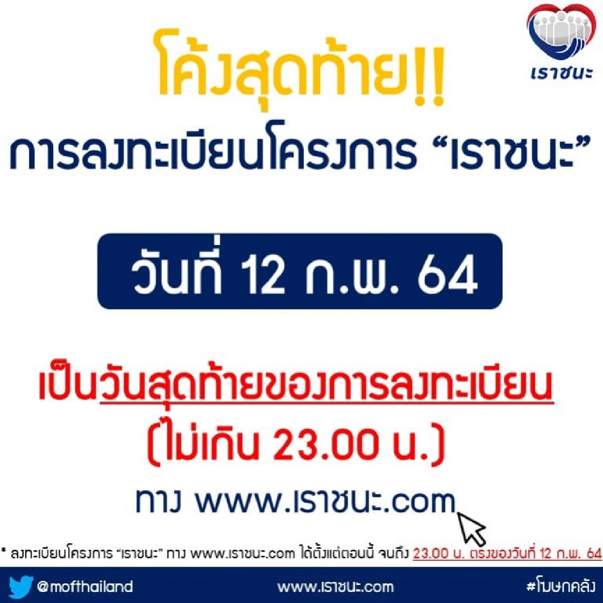 โค้งสุดท้าย ลงทะเบียน "เราชนะ" ได้ไม่เกิน 5 ทุ่ม ทบทวนอีกครั้งกลุ่มไหนต้องทำยังไงบ้าง