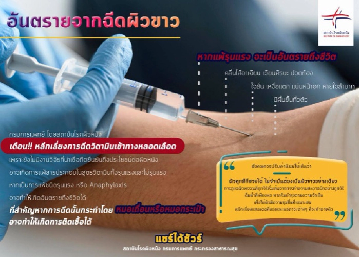 แพทย์ผิวหนัง เตือน ฉีดวิตามินเข้าทางหลอดเลือดอันตรายถึงชีวิต