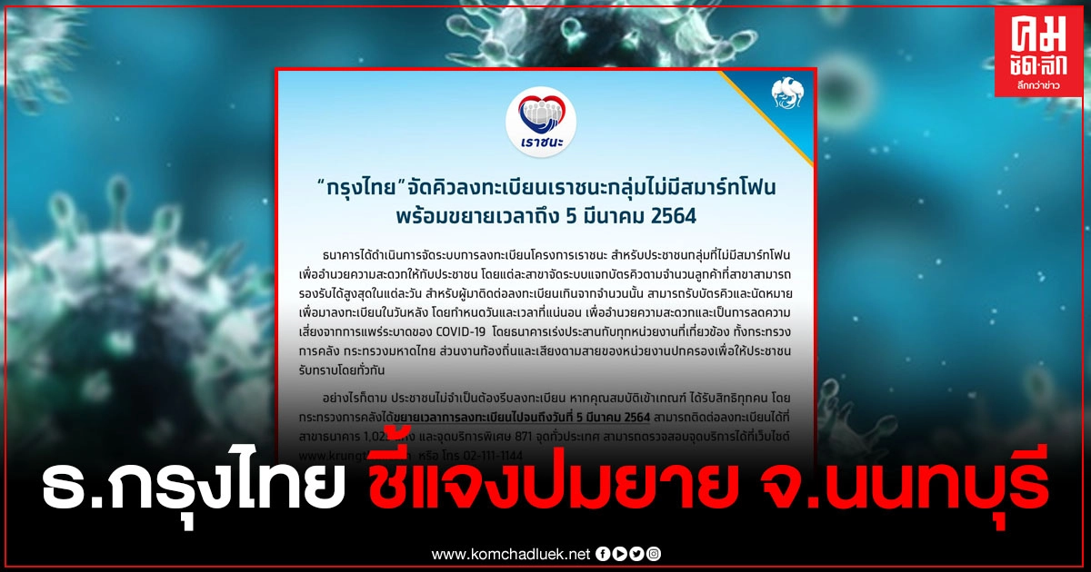 "กรุงไทย"แจงปม ยายจังหวัดนนท์ ลงทะเบียน"เราชนะ" แค่ใช้เสียงดัง เพราะคนเยอะ ล่าสุดขยายเวลาลงทะเบียนถึง 5 มี.ค. "กรุงไทย"แจงปม ยายจังหวัดนนท์ ลงทะเบียน"เราชนะ" แค่ใช้เสียงดัง เพราะคนเยอะ ล่าสุดขยายเวลาลงทะเบียนถึง 5 มี.ค.