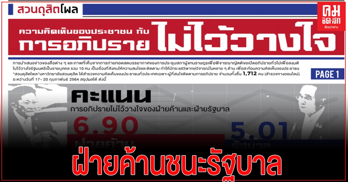 "ดุสิตโพล" เผยประชาชนให้คะแนนฝ่ายค้านชนะรัฐบาลในศึกซักฟอก "ดุสิตโพล" เผยประชาชนให้คะแนนฝ่ายค้านชนะรัฐบาลในศึกซักฟอก
