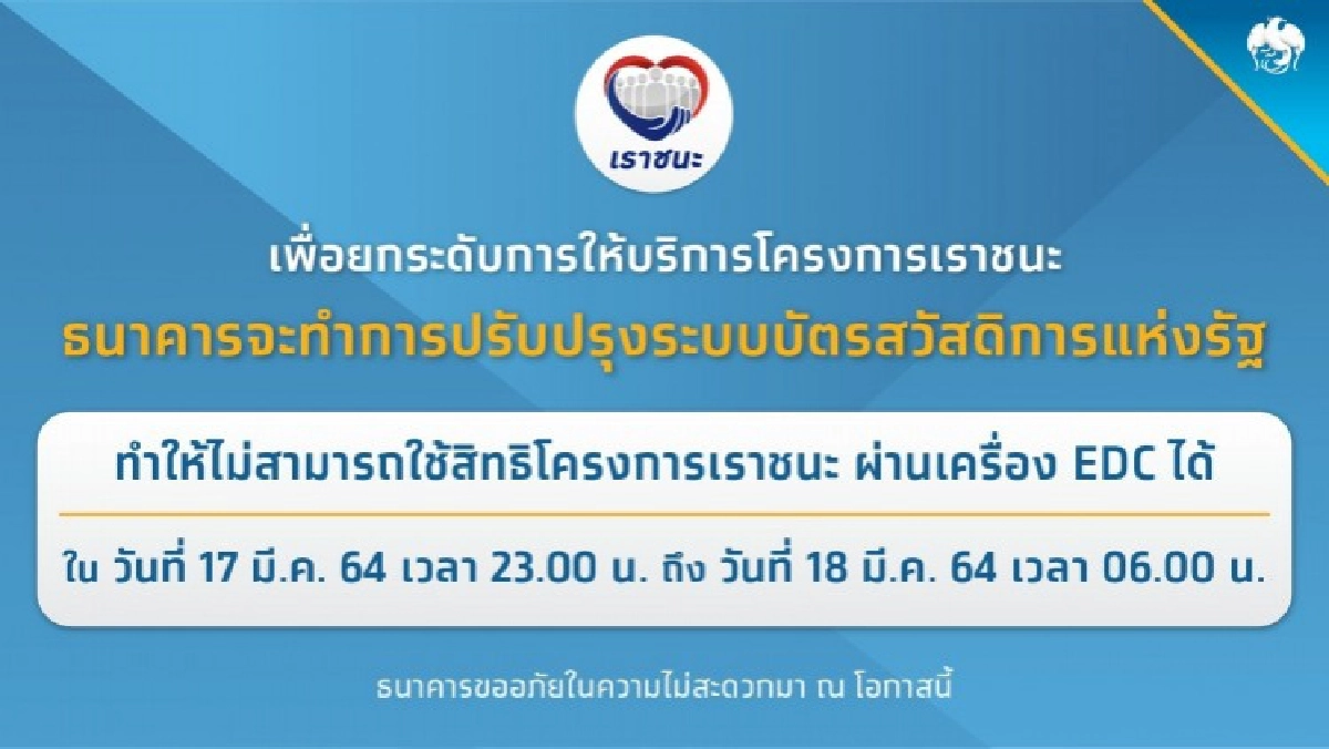 'กรุงไทย' แจ้ง ปรับปรุงระบบ 'บัตรสวัสดิการแห่งรัฐ'