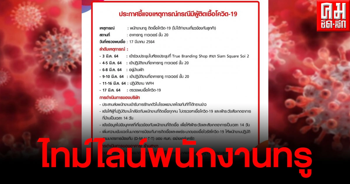 ด่วน "พนักงานทรู" ติดเชื้อโควิด-19 พร้อมเปิดไทม์ไลน์อย่างละเอียด ด่วน "พนักงานทรู" ติดเชื้อโควิด-19 พร้อมเปิดไทม์ไลน์อย่างละเอียด