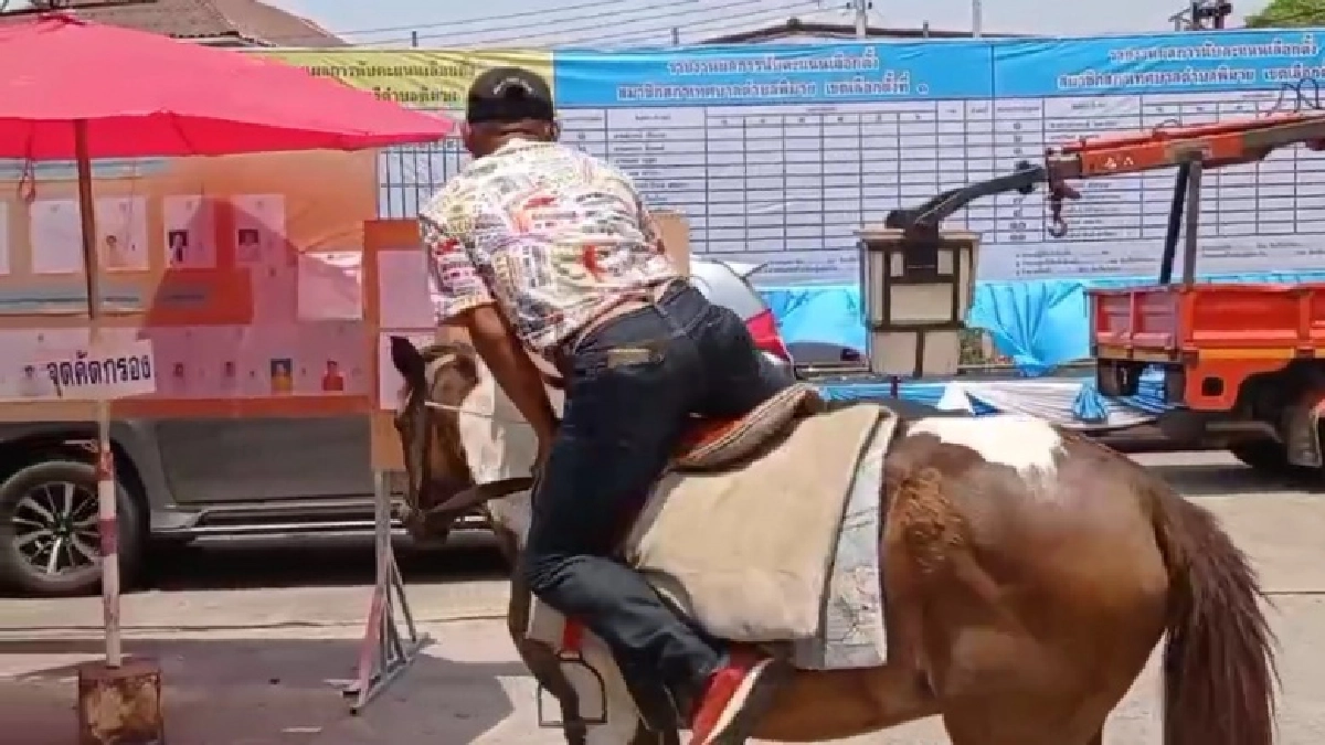 เปิดคลิป..ครูมวยชื่อดังขี่ม้าคู่ใจไปใช้สิทธิ สร้างสีสันเลือกตั้งเทศบาลโคราช