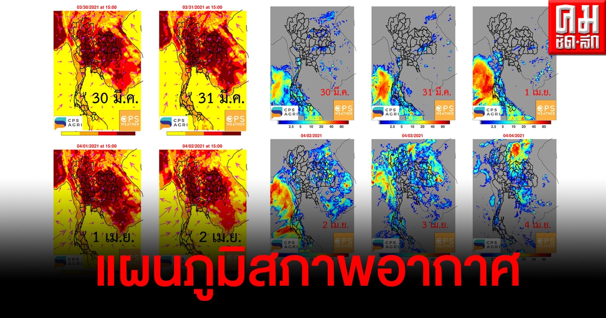 เผยแผนภูมิสภาพอากาศ 30 มี.ค.-2 เม.ย.แดงเข้มร้อนจัด อุณหภูมิ 38 องศาขึ้นไป