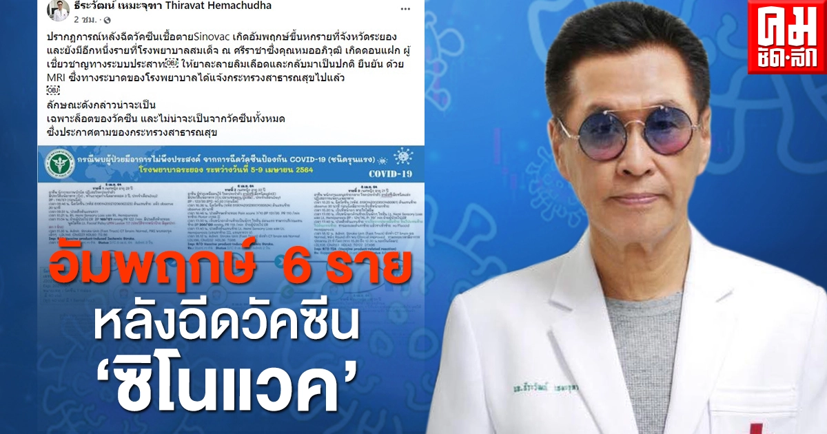 "หมอธีระวัฒน์" เผยหลังฉีดวัคซีน "ซิโนแวค" พบ 6 รายเกิดอาการอัมพฤกษ์ 