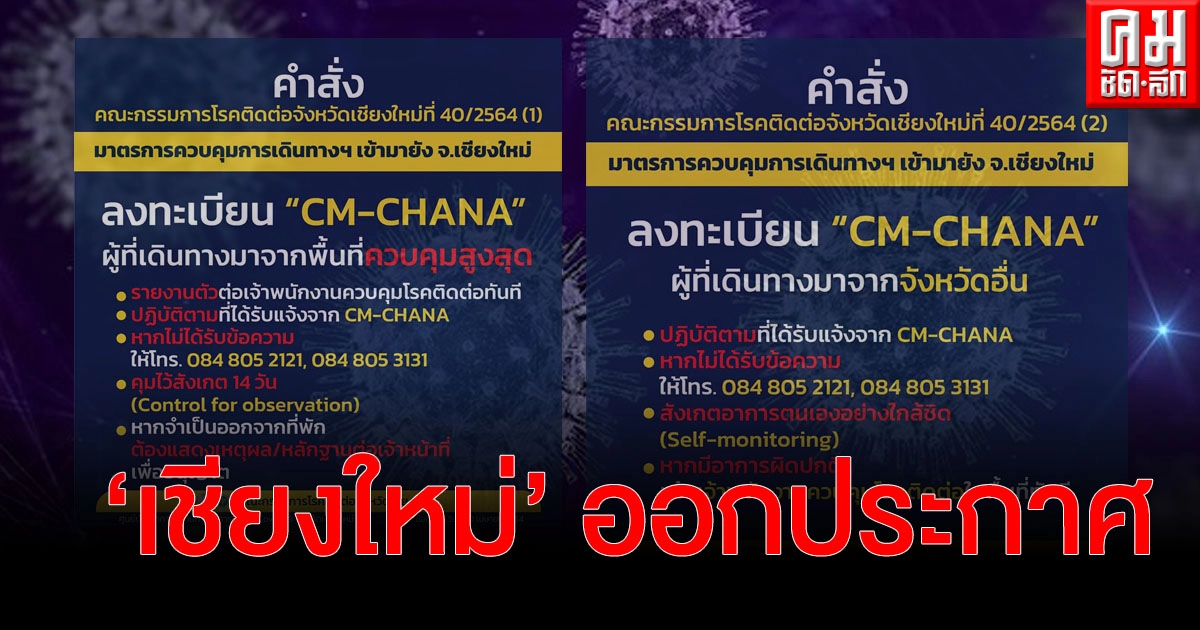 "เชียงใหม่" ประกาศ เข้าเชียงใหม่ต้องลง CM-CHANA มาจากพื้นที่ควบคุมสูงสุด ต้องคุมไว้สังเกต 14 วัน