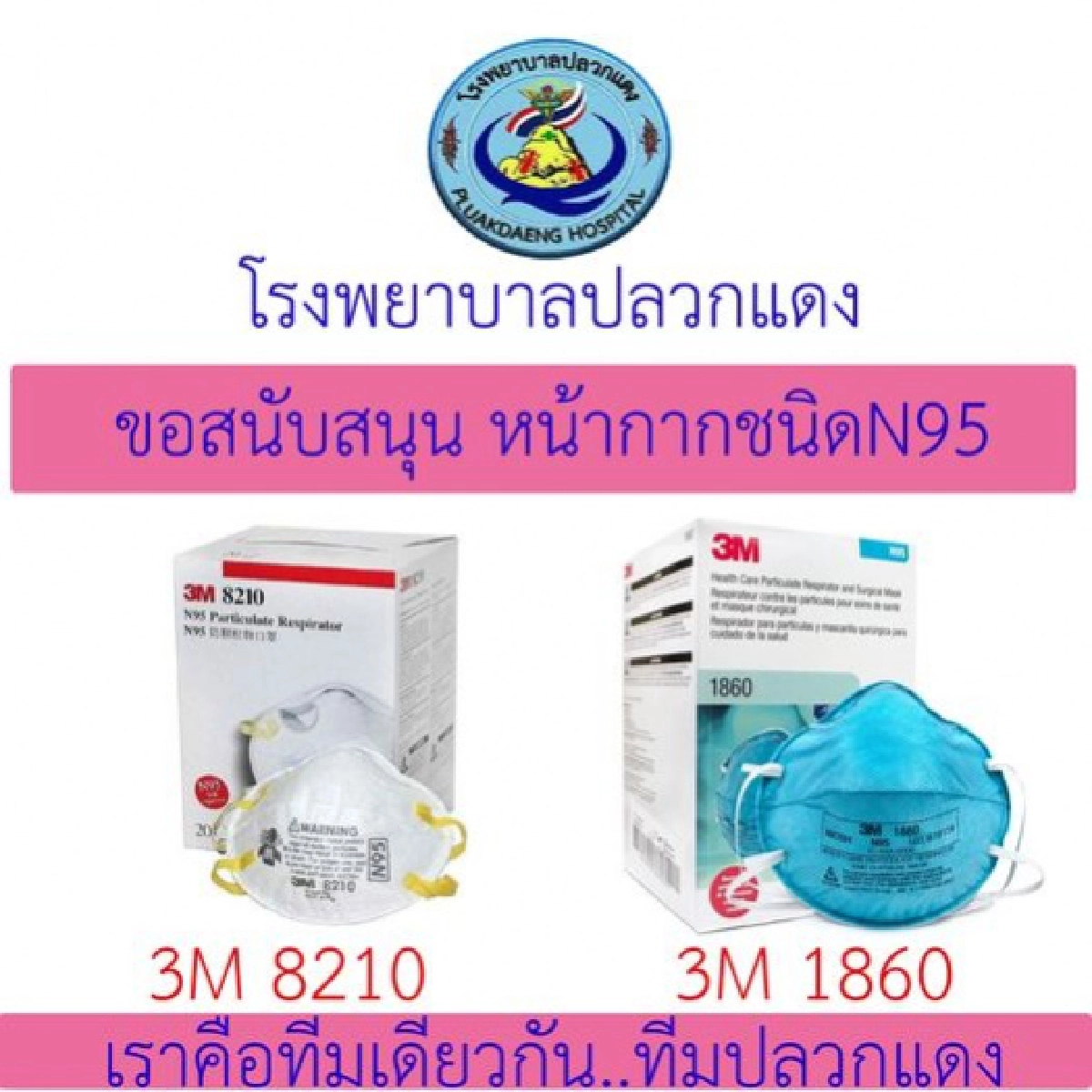 ขาดแคลน โรงพยาบาลปลวกแดงแจ้งขอรับบริจาค "หน้ากาก N95"