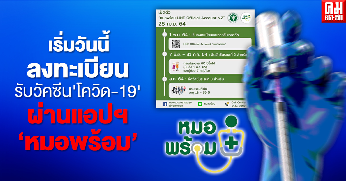 เริ่มแล้ววันนี้ ลงทะเบียนรับวัคซีนผ่านแอปฯหมอพร้อม เน้นผู้มีอายุ 60 ปีขึ้นไปและผู้มีโรคประจำตัว เริ่มแล้ววันนี้ ลงทะเบียนรับวัคซีนผ่านแอปฯหมอพร้อม เน้นผู้มีอายุ 60 ปีขึ้นไปและผู้มีโรคประจำตัว
