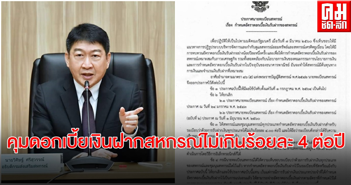 กสส.ออกประกาศนายทะเบียนคุมอัตราดอกเบี้ยเงินรับฝากของสหกรณ์ไม่เกินร้อยละ 4 ต่อปี ส่งผลลดต้นทุนการเงินสหกรณ์