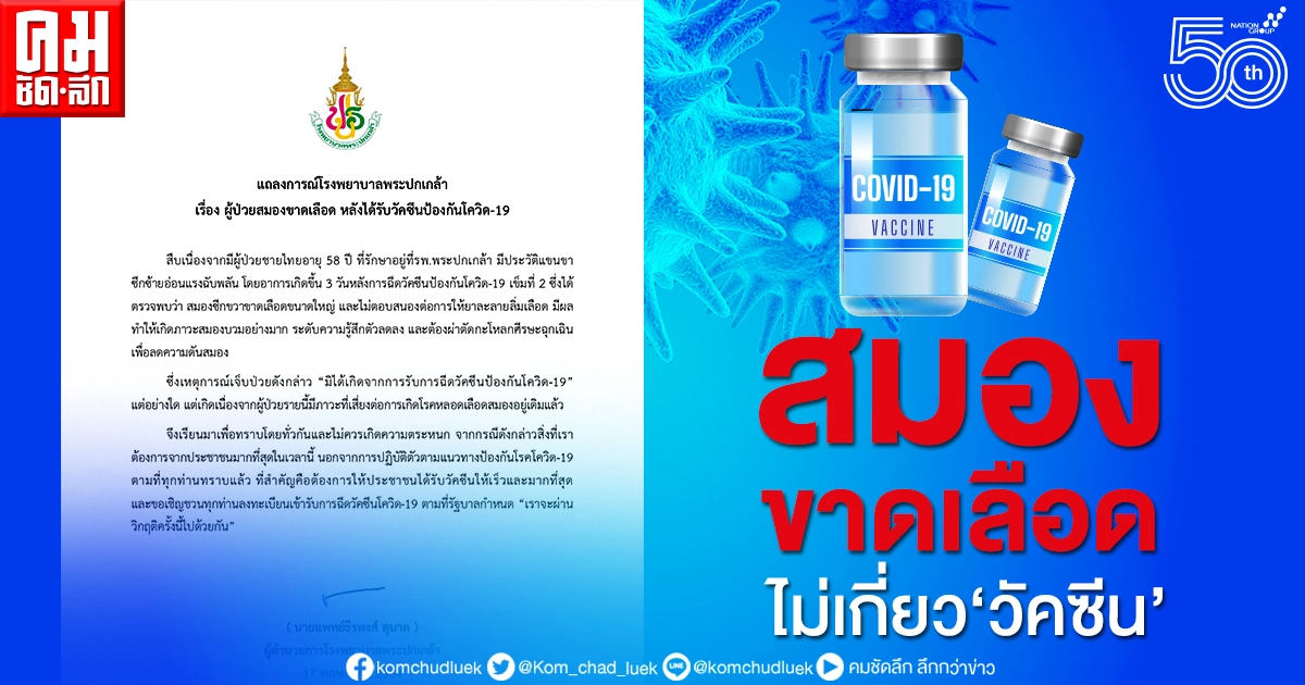 รพ.พระปกเกล้า แถลงผู้ป่วยสมองขาดเลือด ไม่ได้เกิดจากฉีดวัคซีนโคโรนา 2019 รพ.พระปกเกล้า แถลงผู้ป่วยสมองขาดเลือด ไม่ได้เกิดจากฉีดวัคซีนโคโรนา 2019