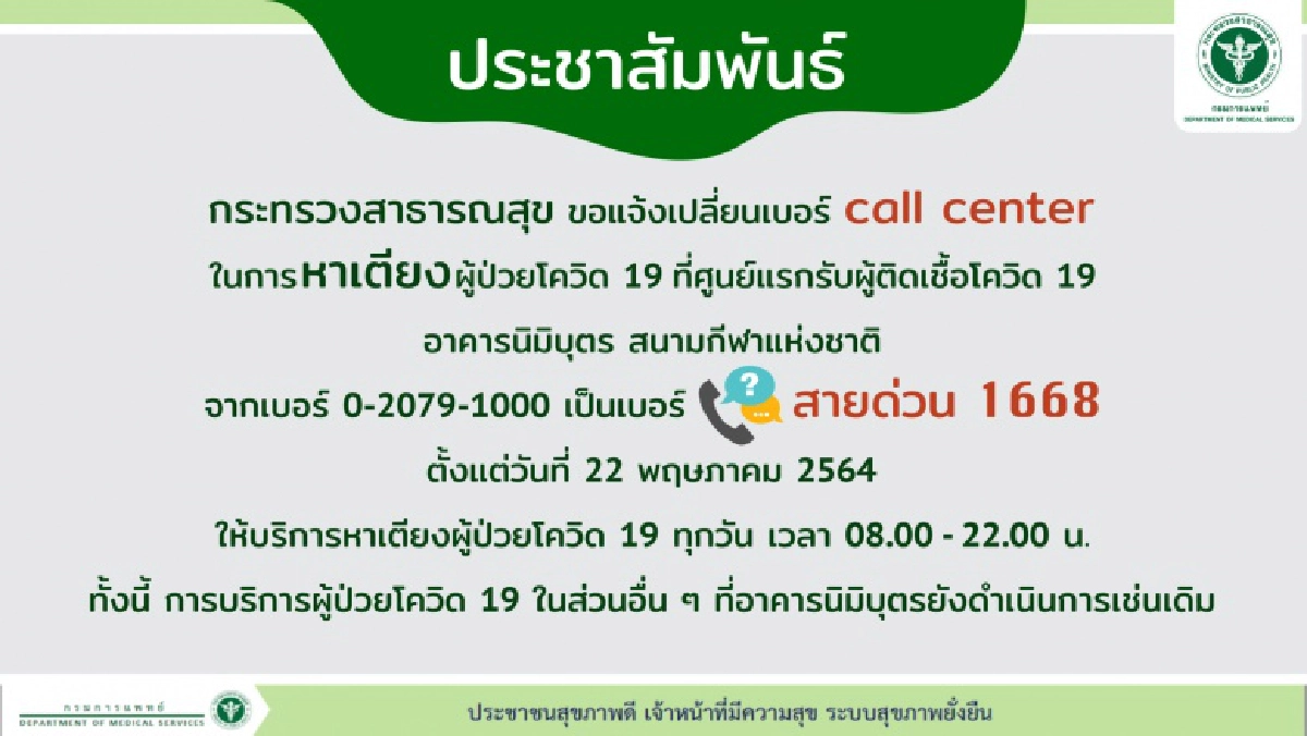 สาธารณสุข แจ้งเปลี่ยนเบอร์หาเตียงผู้ป่วยโควิด