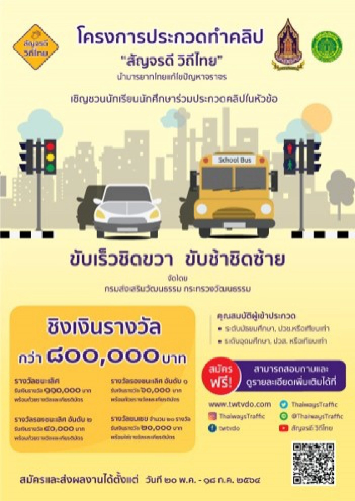 กรมส่งเสริมวัฒนธรรม กระทรวงวัฒนธรรมจัดโครงการประกวดทำคลิปเผยแพร่  "มารยาทไทย แก้ไขปัญหาจราจร"ในหัวข้อ "สัญจรดี วิถีไทย ปี 2" ชิงทุนการศึกษา  มูลค่ารวมกว่า 800,000 บาท