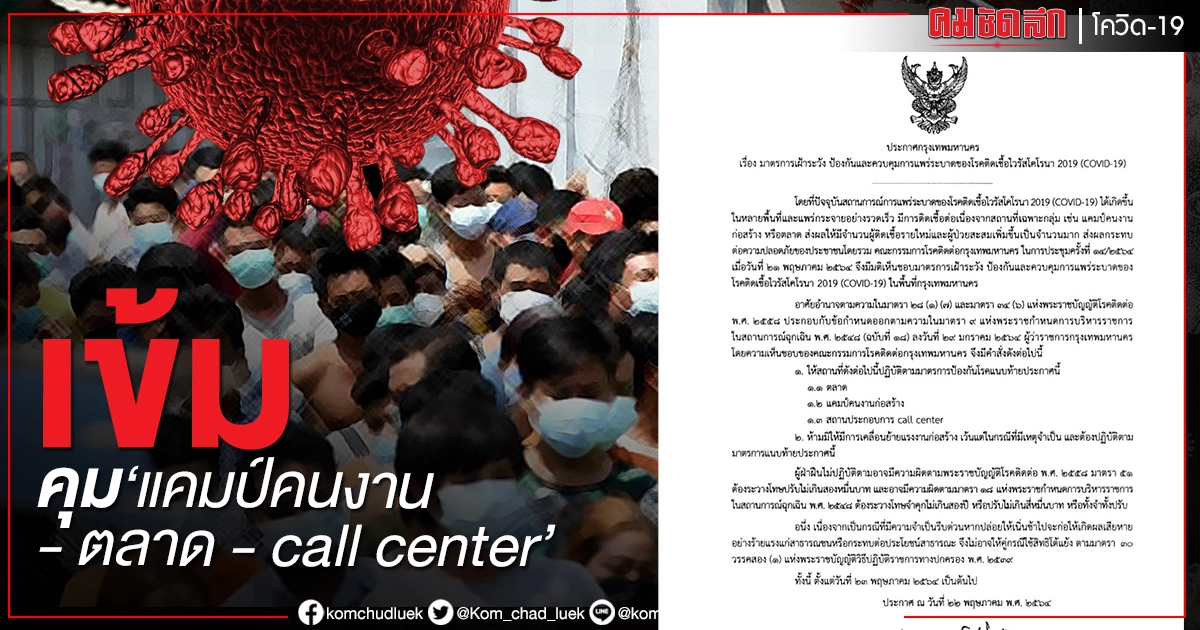 ดีเดย์ 23 พ.ค.นี้ มาตรการเข้ม ควบคุมการแพร่ระบาดโควิด-19 ในแคมป์คนงาน ตลาด และ call center ดีเดย์ 23 พ.ค.นี้ มาตรการเข้ม ควบคุมการแพร่ระบาดโควิด-19 ในแคมป์คนงาน ตลาด และ call center