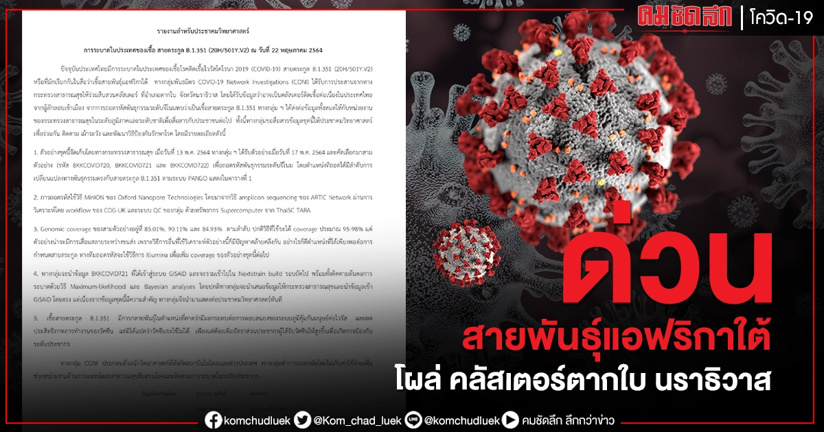 ด่วน นักวิจัยกลุ่ม CONI ถอดรหัสพบเชื้อสายพันธุ์แอฟริกาใต้ โผล่ คลัสเตอร์ตากใบ นราธิวาส ด่วน นักวิจัยกลุ่ม CONI ถอดรหัสพบเชื้อสายพันธุ์แอฟริกาใต้ โผล่ คลัสเตอร์ตากใบ นราธิวาส