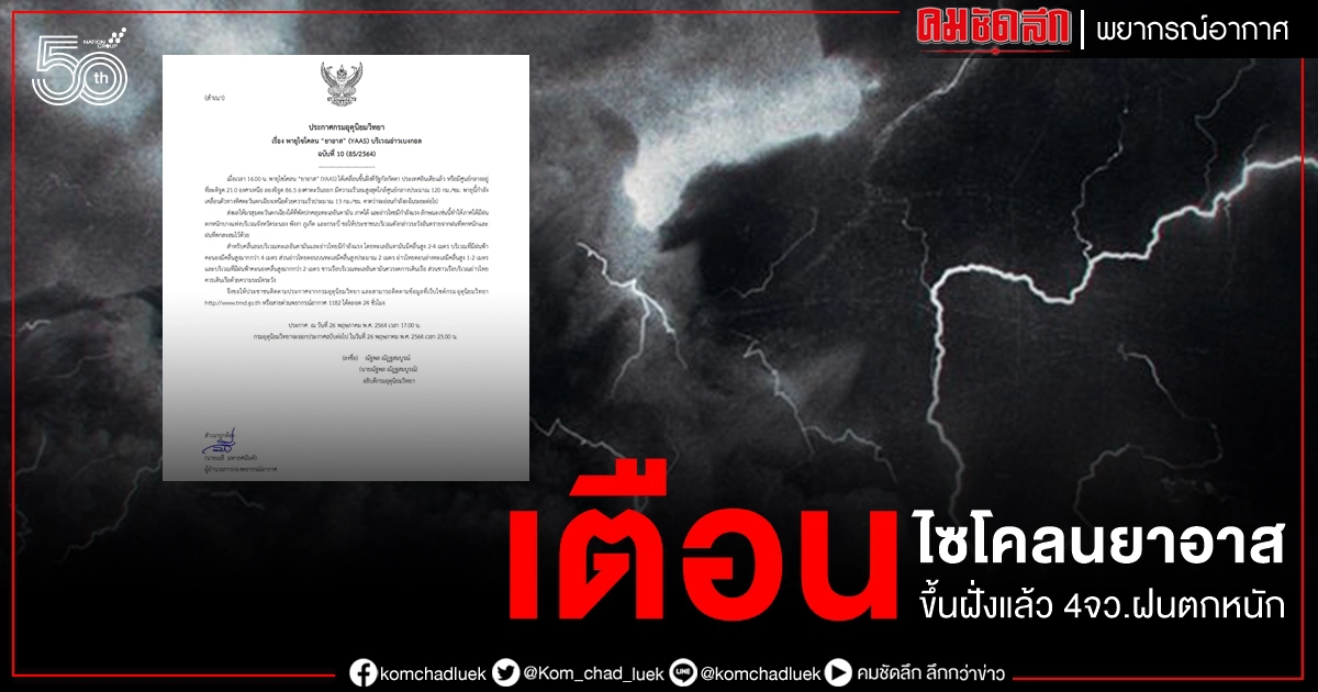ด่วน พายุไซโคลน ยาอาส เคลื่อนขึ้นฝั่งแล้ว เตือน ภาคใต้ 4 จังหวัด ฝนตกหนัก ด่วน พายุไซโคลน ยาอาส เคลื่อนขึ้นฝั่งแล้ว เตือน ภาคใต้ 4 จังหวัด ฝนตกหนัก