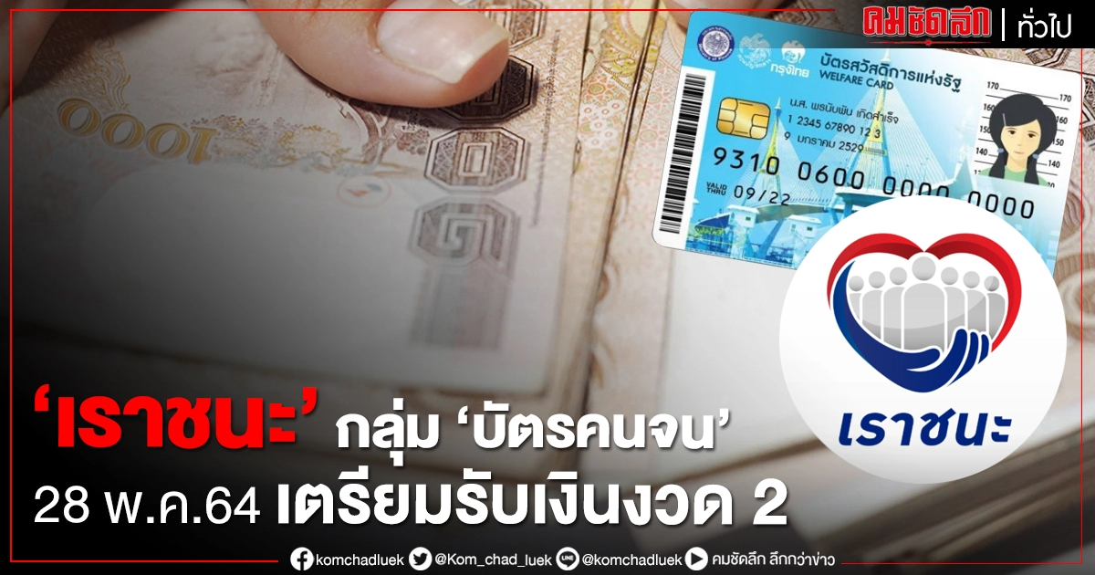"เราชนะ" กลุ่ม "บัตรคนจน" พรุ่งนี้เตรียมตัว รับเงินงวดที่ 2 เพิ่มอีก 1,000 บาท "เราชนะ" กลุ่ม "บัตรคนจน" พรุ่งนี้เตรียมตัว รับเงินงวดที่ 2 เพิ่มอีก 1,000 บาท