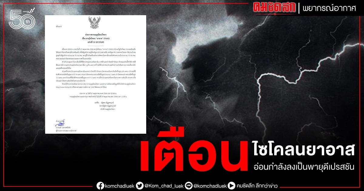 พายุไซโคลน ยาอาส อ่อนกำลังลงเป็นพายุดีเปรสชัน เตือน 4 จว.ใต้ ฝนตกหนัก