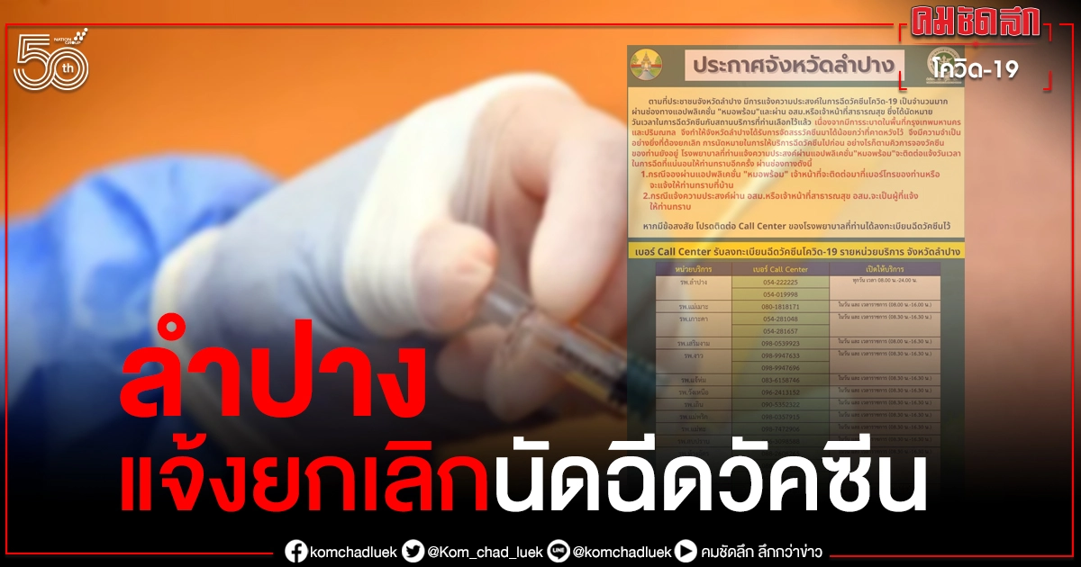 ลำปางแจ้งปชช.ยกเลิกนัดฉีดวัคซีน หลังรับการจัดสรรวัคซีนมาได้น้อยกว่าที่คาดหวังไว้ ลำปางแจ้งปชช.ยกเลิกนัดฉีดวัคซีน หลังรับการจัดสรรวัคซีนมาได้น้อยกว่าที่คาดหวังไว้