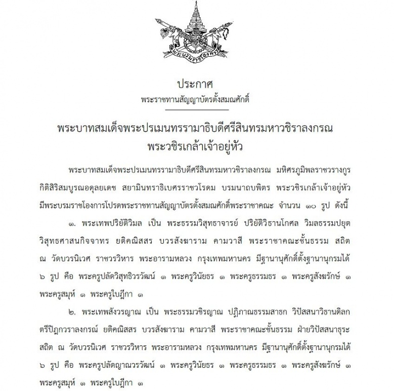 โปรดเกล้าฯ พระราชทานสัญญาบัตรตั้งสมณศักดิ์ พระราชาคณะ 10 รูป