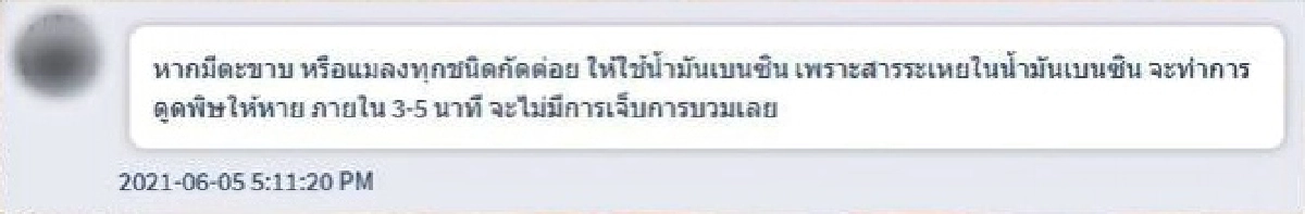 แชร์ว่อน ถอนพิษแมลงด้วยน้ำมันเบนซิน กูรูเตือนอย่าหาทำอันตรายกว่าที่คิด