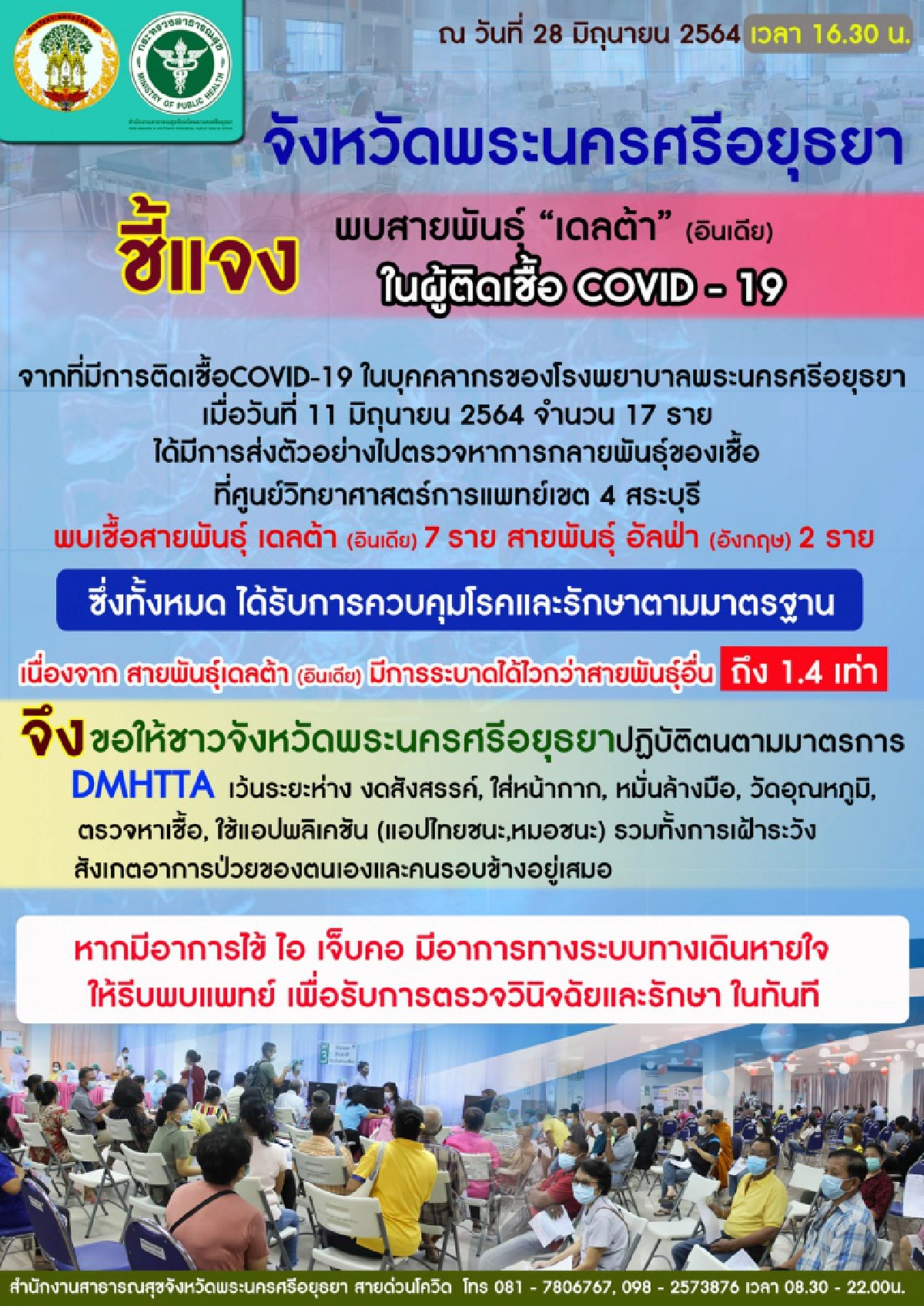"โควิด" อยุธยา ปมบุคลากรฯ รพ.ติดเชื้อ 17 ราย เจอทั้ง สายพันธุ์เดลต้า-สายพันธุ์อัลฟ่า