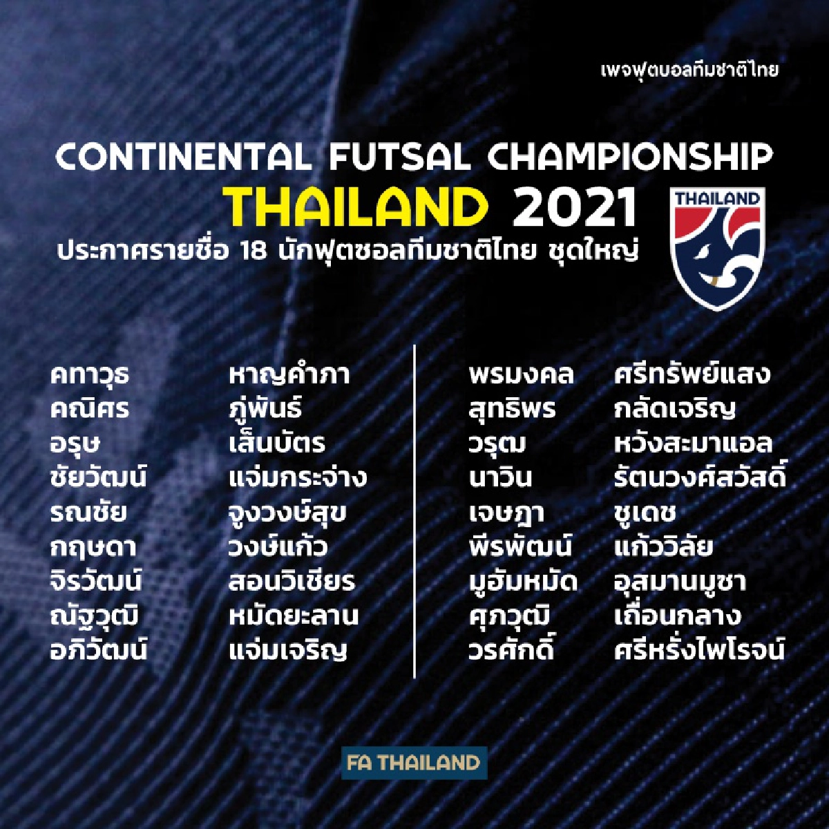 ส.บอลเคาะชื่อ 18 "ฟุตซอลทีมชาติไทย" บู๊ "ปรีเวิลด์คัพ "