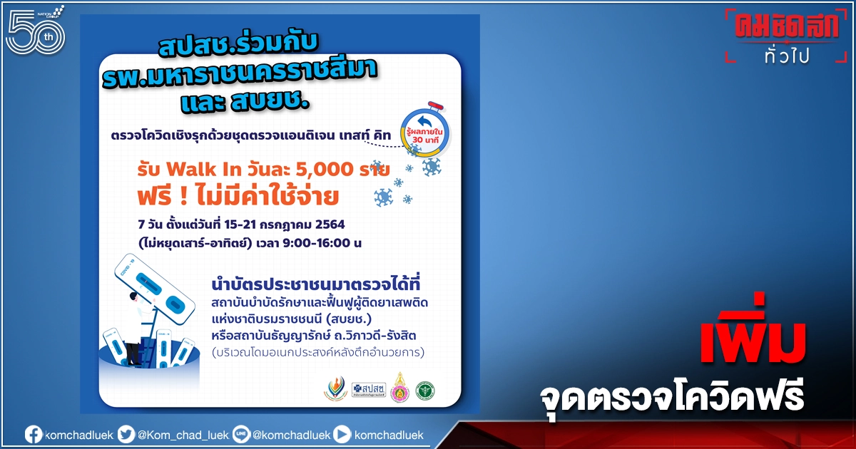 เพิ่ม "จุดตรวจโควิดฟรี" แอนติเจน เทสท์ คิท รับ Walk in วันละ 5,000 ราย