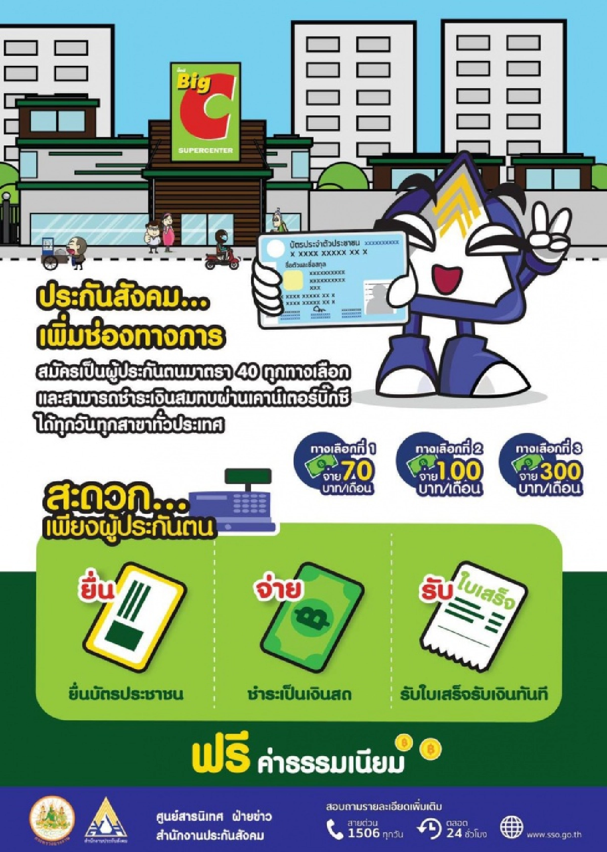 เช็กขั้นตอน"ประกันสังคม" เพิ่มช่องทางสมัคร-ชำระเงิน ผู้ประกันตน ม.40 ที่ Bic C