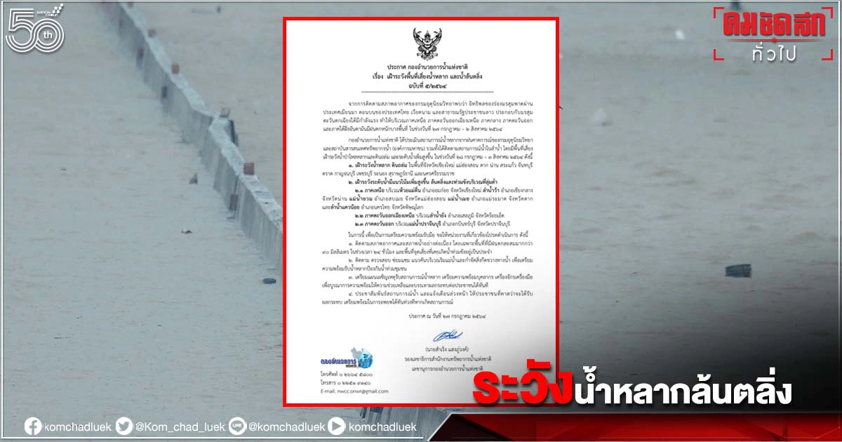 กอนช.ให้เฝ้าระวัง พื้นที่ลุ่มต่ำเกิดน้ำหลาก-น้ำล้นตลิ่ง เหนือ อีสานและตะวันออก ช่วง 7 วันต่อจากนี้ 