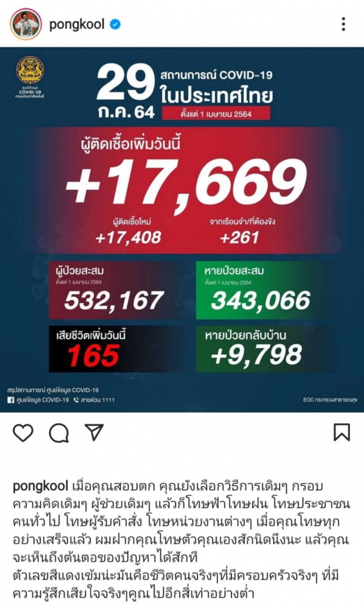  "ป๊อบ ปองกูล" โพสต์เดือด โทษประชาชนแล้ว โทษตัวเองบ้าง