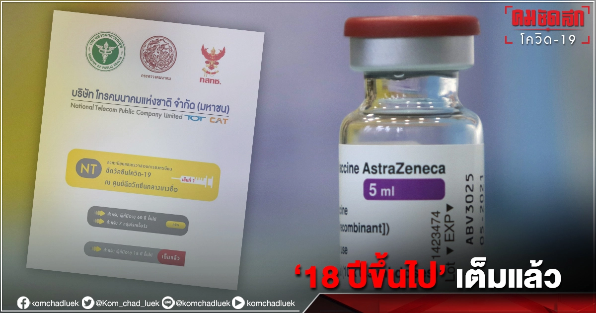 แค่ค่อนวัน... "เอ็นที" แจ้ง"เต็มแล้ว "จองวัคซีน"โควิด-19" อายุ 18 ปี ขึ้นไป