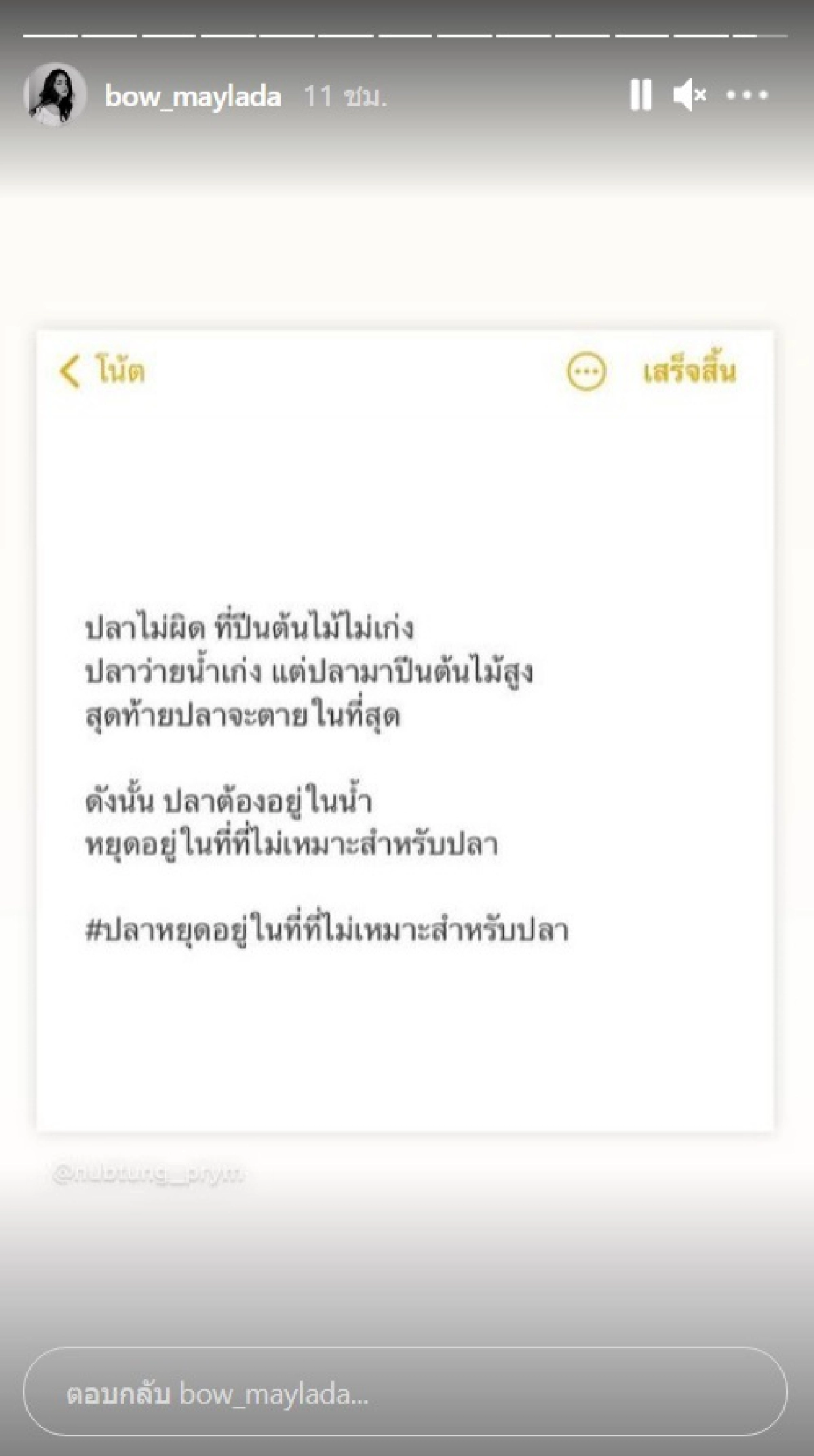 "โบว์ เมลดา" โพสต์เล่าเรื่อง "ปลาหยุด" ปลามาปีนต้นไม้ สุดท้ายจะตายในที่สุด