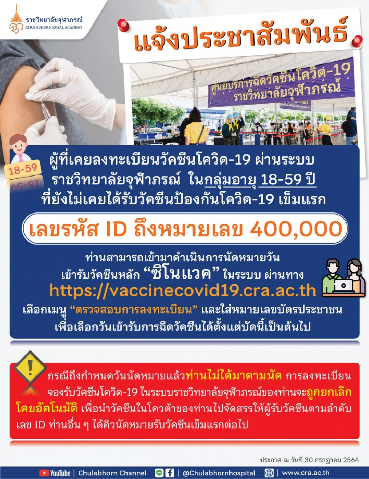 ราชวิทยาลัยจุฬาภรณ์ แจ้งเลขรหัส ID ถึงหมายเลข 400,000  นัดฉีดวัคซีน"ซิโนแวค"เข็มแรก