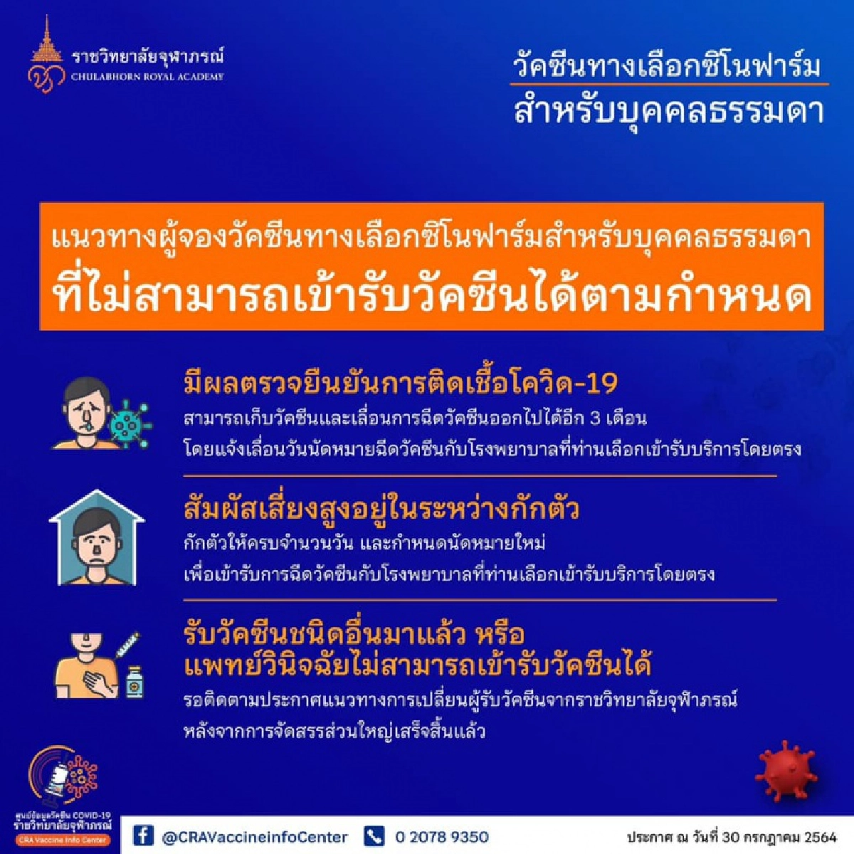 ราชวิทยาลัยจุฬาภรณ์ แจงบุคคล 3 ข้อ งดรับวัคซีน"ซิโนฟาร์ม"ได้ "ติดเชื้อ-เสี่ยงสูง-รับวัคซีนชนิดอื่นแล้ว"