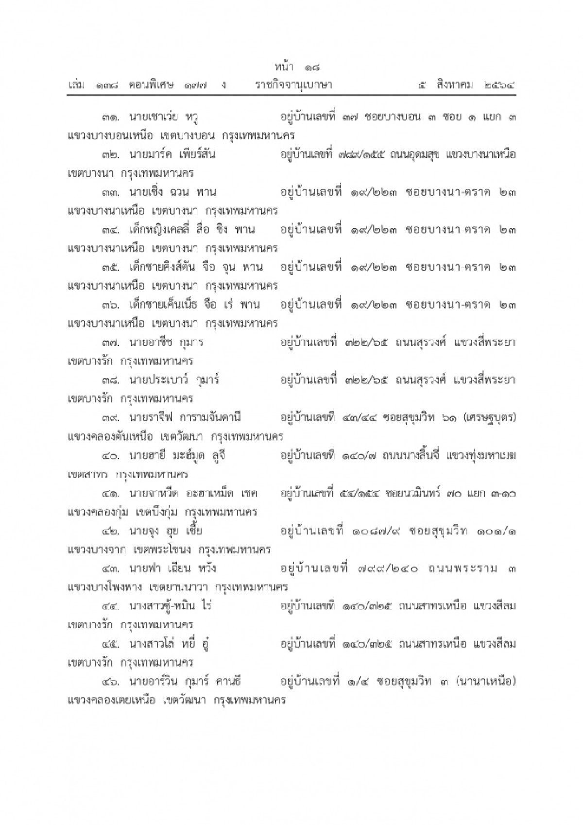 แปลงสัญชาติเป็นไทย, ราชกิจจานุเบกษา
