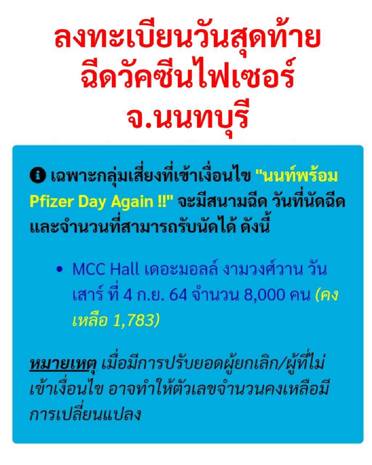 ด่วน "นนท์พร้อม Pfizer Day" วันสุดท้าย เหลือไม่ถึง 2,000 คน